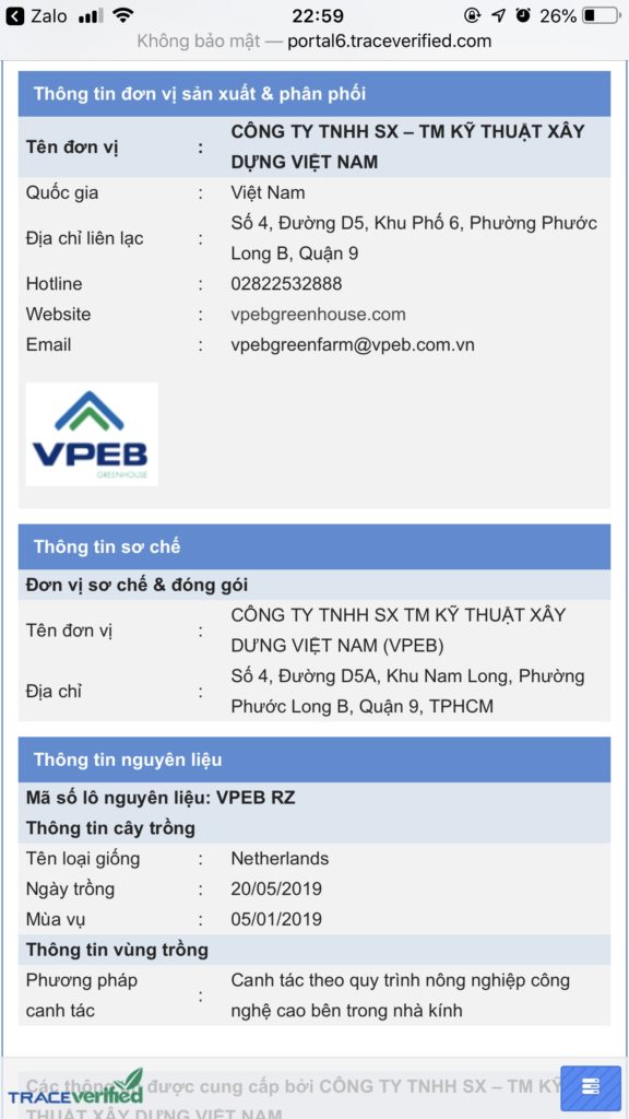 Thông tin quét Qr Code truy xuất nguồn gốc dưa lưới VPEB GREENHOUSE
